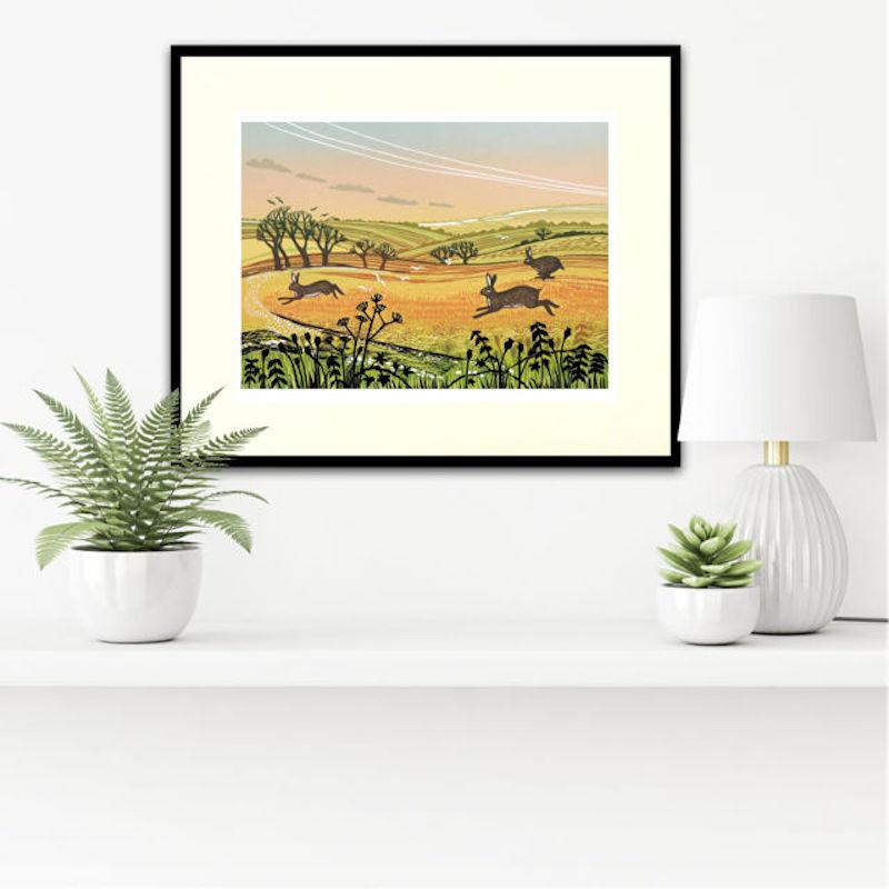 Running Hares, Limited edition print, Landscape, Nature, Bunny, Rabbit For Sale 5