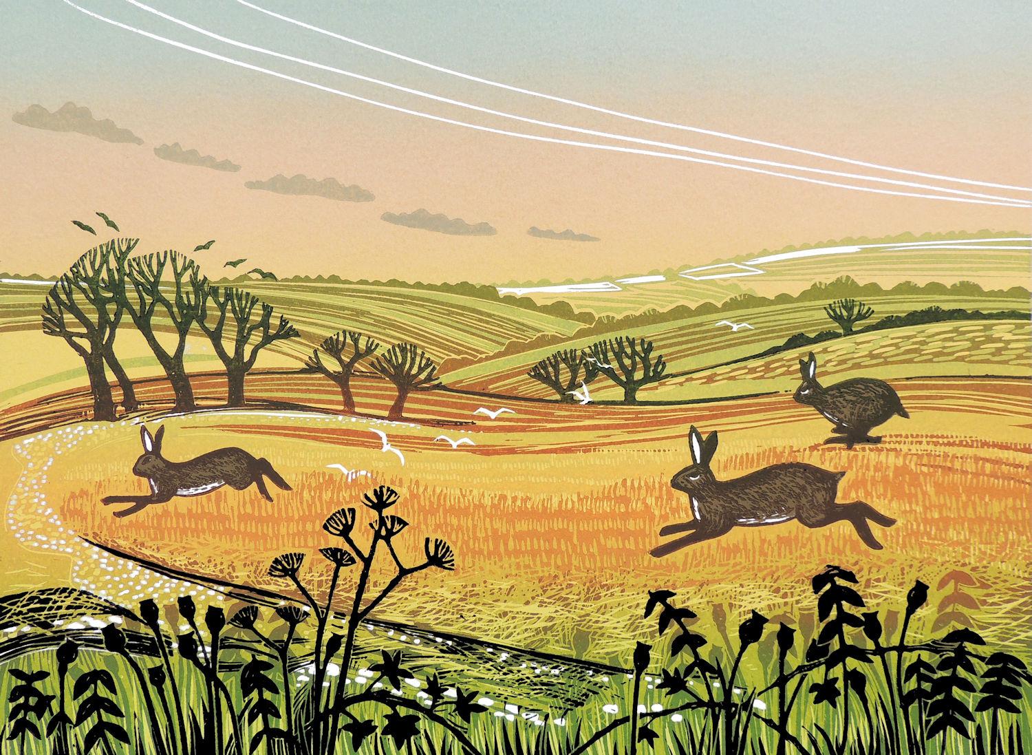 Rob Barnes Abstract Print - Running Hares, Limited edition print, Landscape, Nature, Bunny, Rabbit