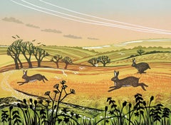 Running Hares, Limited edition print, Landscape, Nature, Bunny, Rabbit