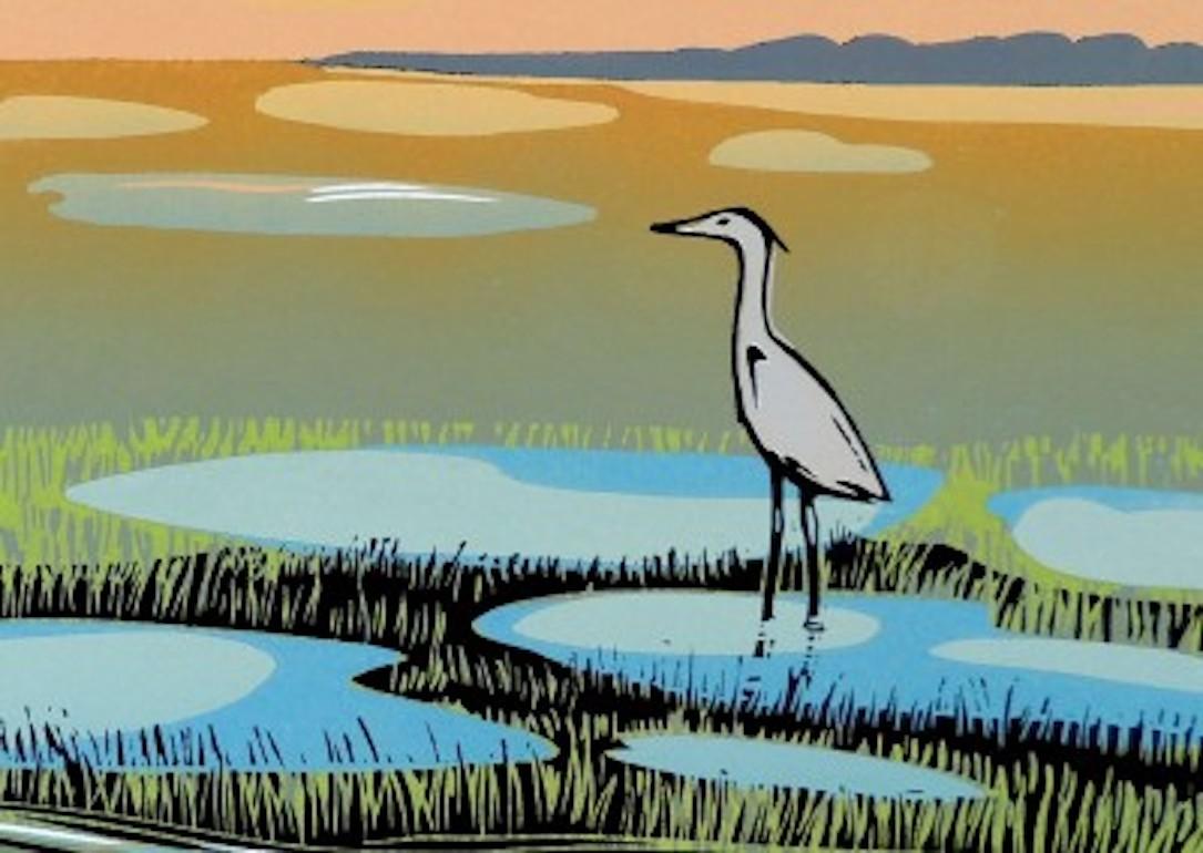 Saltmarsh Heron, Mounted Linocut print, North Norfolk coastal art, Nature, Birds For Sale 1