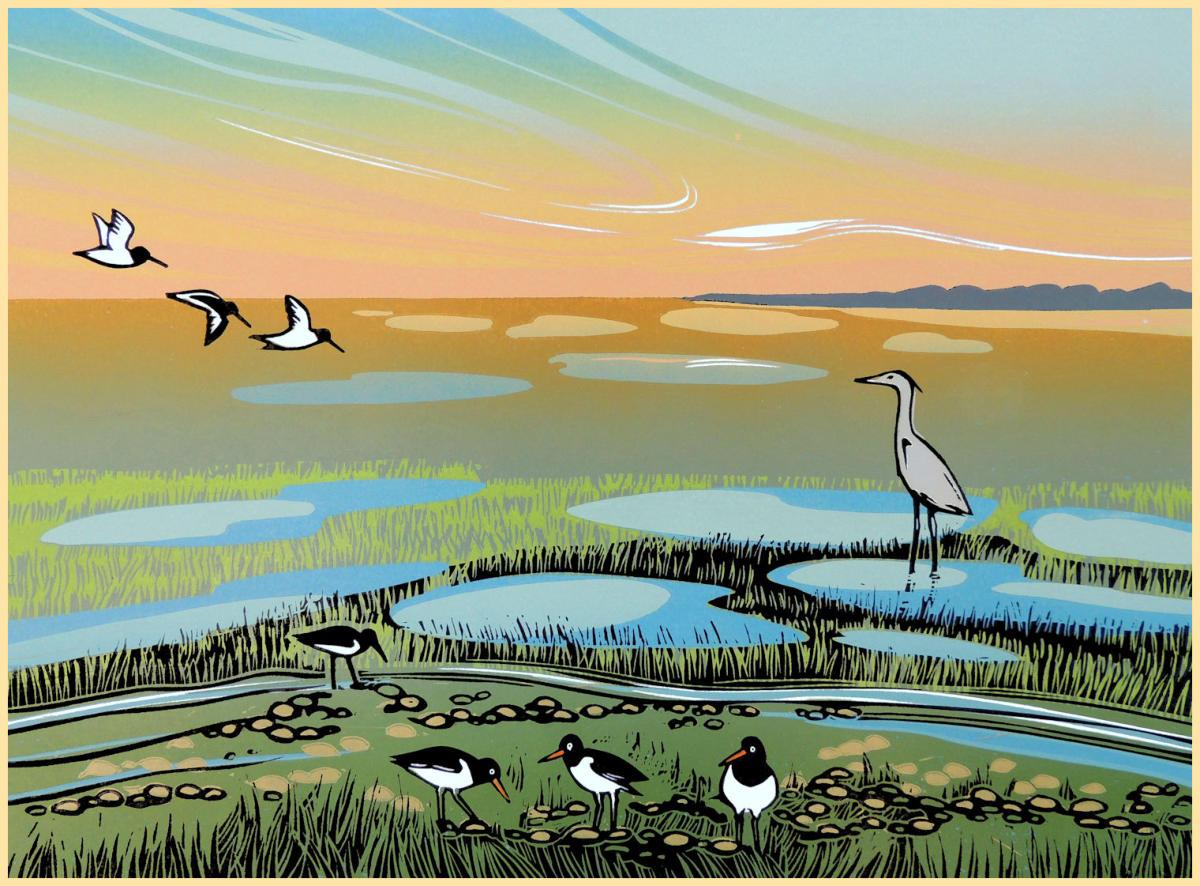 Saltmarsh Heron, Linocut-Druck in limitierter Auflage, Küstenkunst von North Norfolk, Vögel