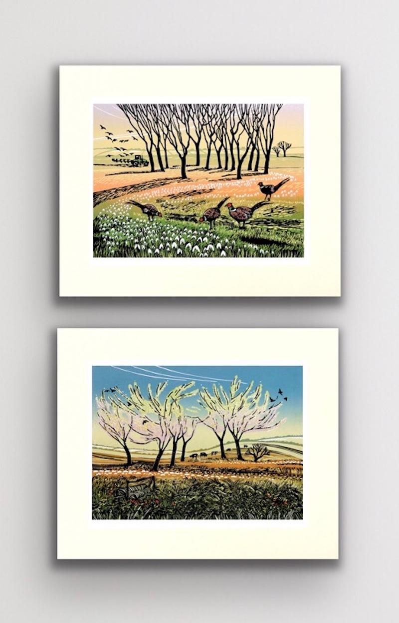 Rob Barnes Figurative Print - Snowdrop Swathe and Blossom in the Wind diptych