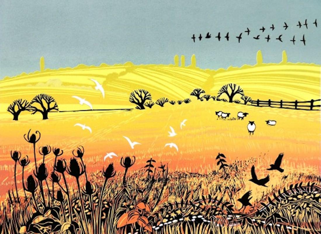 Rob Barnes Landscape Print - Sunlight across the fields, limited edition print, landscape print, animal print