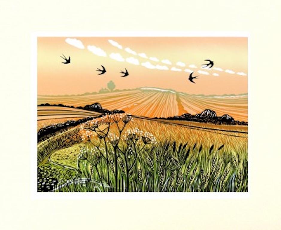 Swallows in Summer, Mounted Linocut print, Landscape art, Nature, Birds - Contemporary Print by Rob Barnes