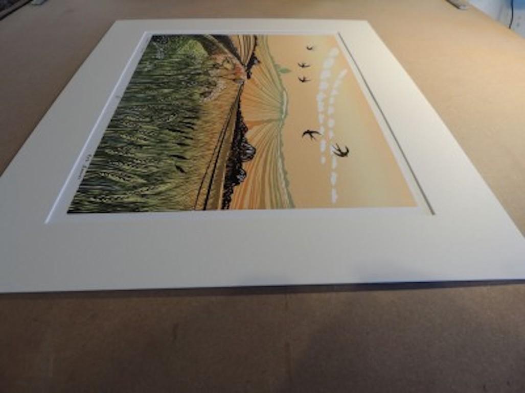 Swallows in Summer, Mounted Linocut print, Landscape art, Nature, Birds - Orange Animal Print by Rob Barnes