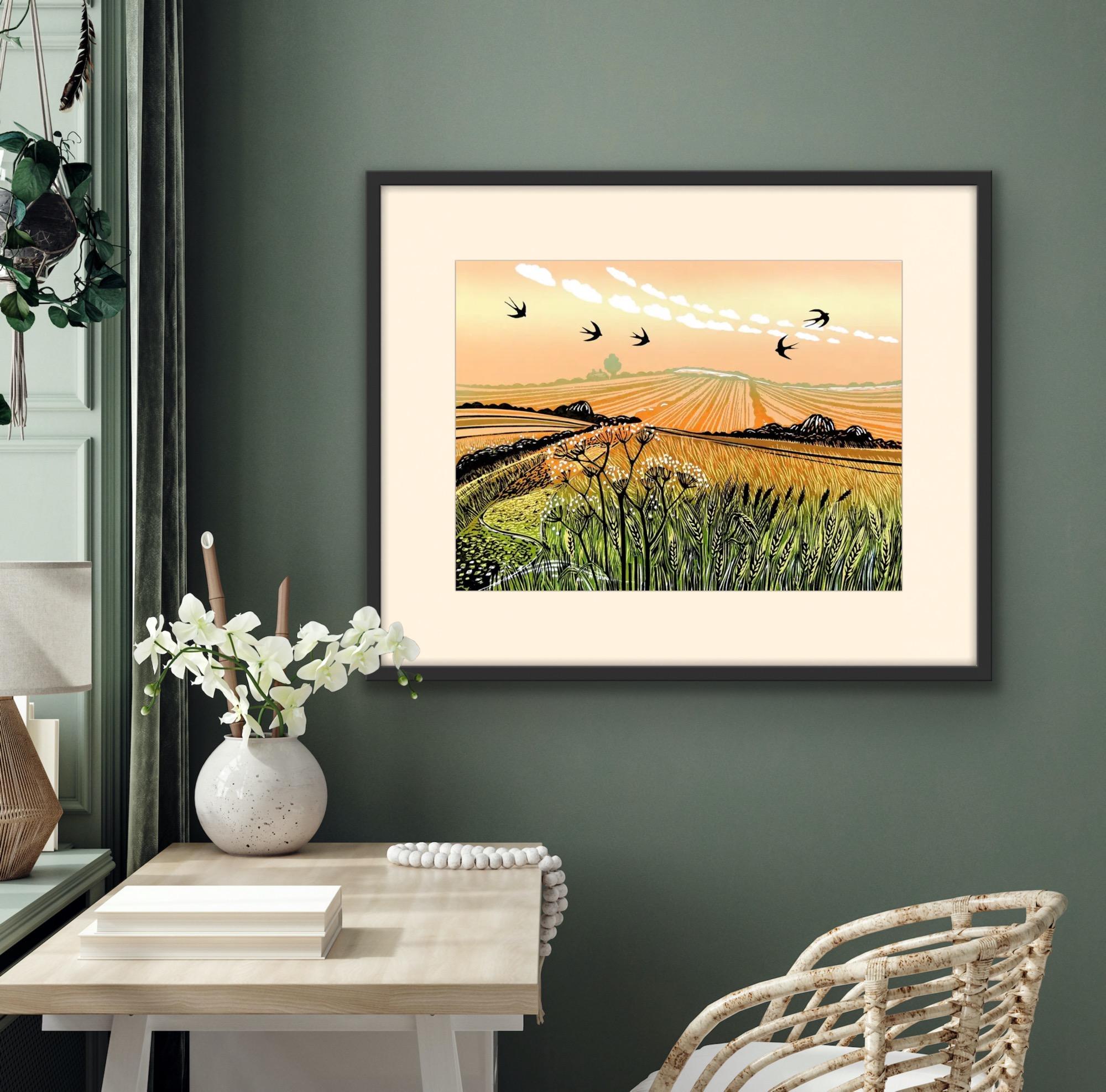 Swallows in Summer, gravure de Linocut montée, Art de paysage, Nature, Oiseaux en vente 1