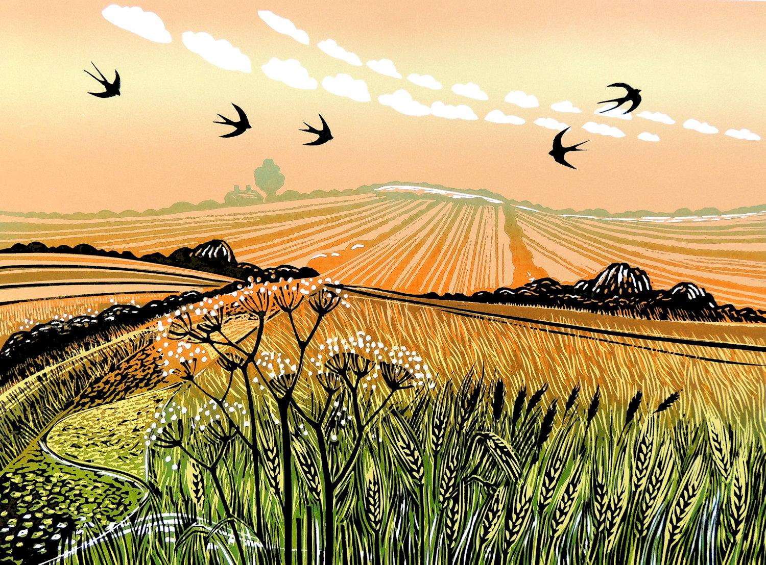 Rob Barnes Animal Print – Schwalben im Sommer, Linolschnitt, Landschaftskunst, Natur, Vögel
