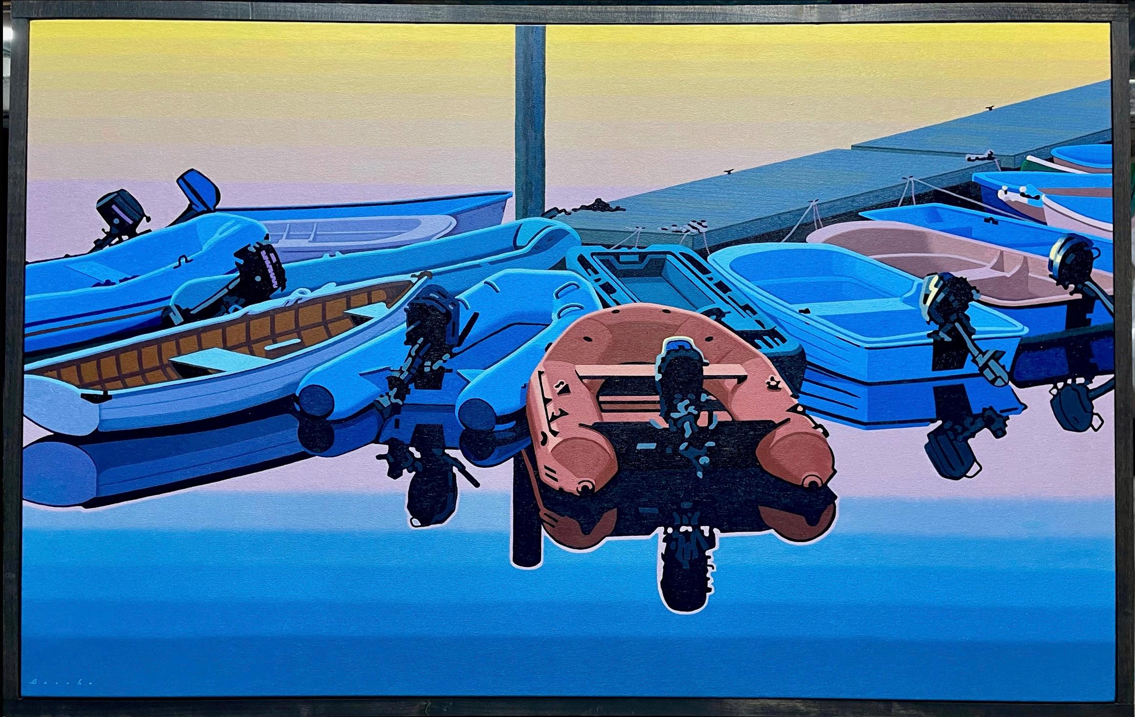 "Still Waters at Dawn" small boats rest against the dock at sunrise - Mixed Media Art by Rob Brooks