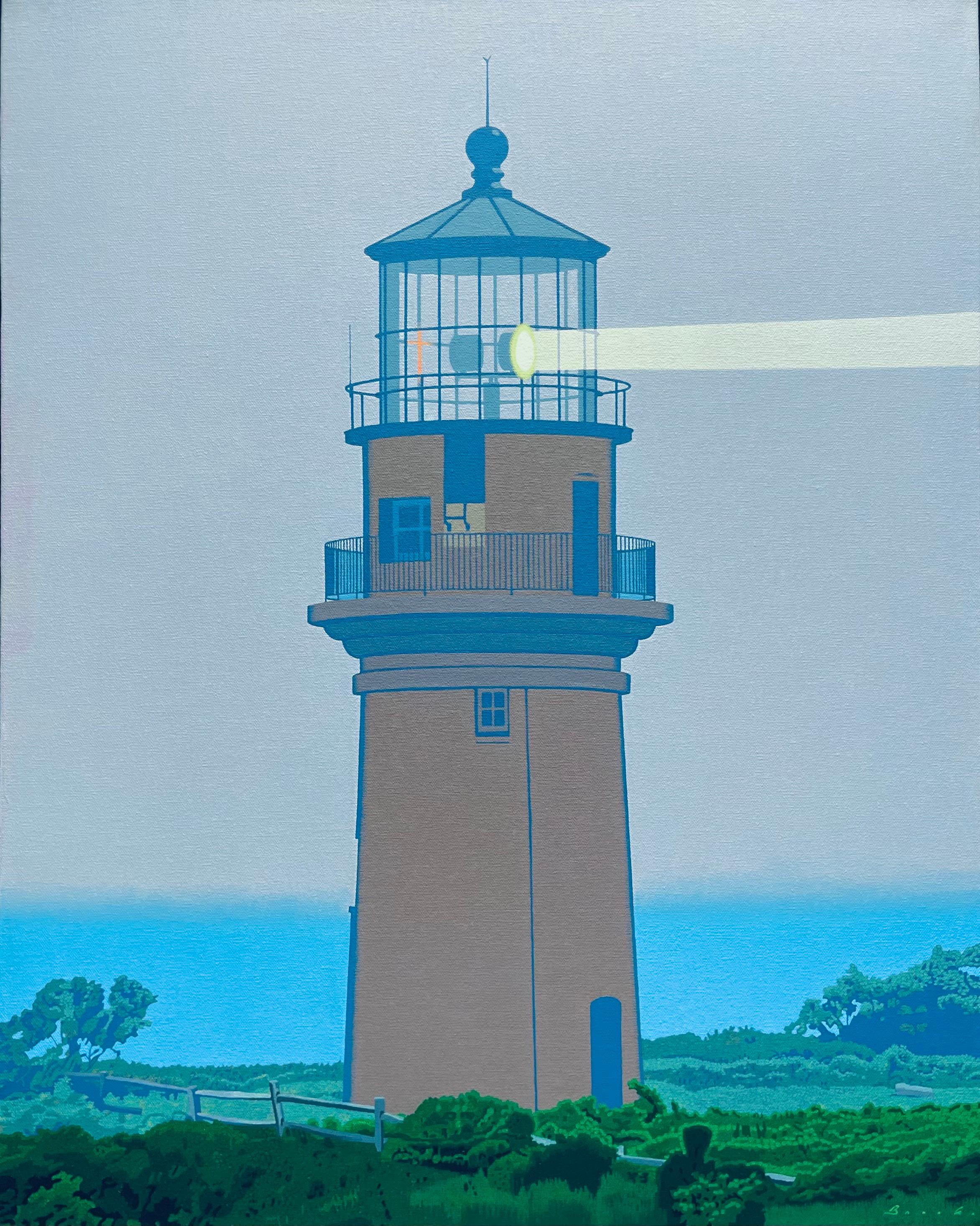 Figurative Painting di Rob Brooks - "Nebbia di Aquinnah" dipinto a olio di un faro in mattoni rossi nella natura che brilla di luce propria