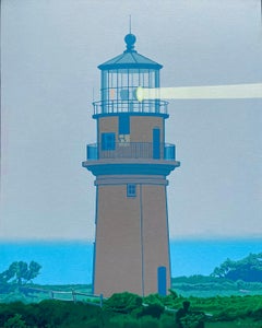 "Niebla de Aquinnah" pintura al óleo del faro de ladrillo rojo en la naturaleza brillando la luz
