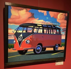 "Autumn Samba" photo-realistic oil painting of a volkswagen bus with pink clouds