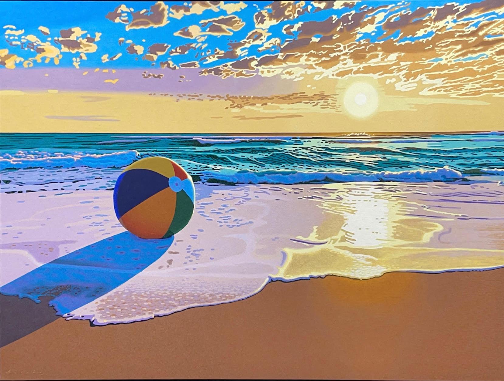 Rob Brooks Still-Life Painting - "Beach Ball Sunset" Oil painting of a beach ball on the ocean shore with sunset