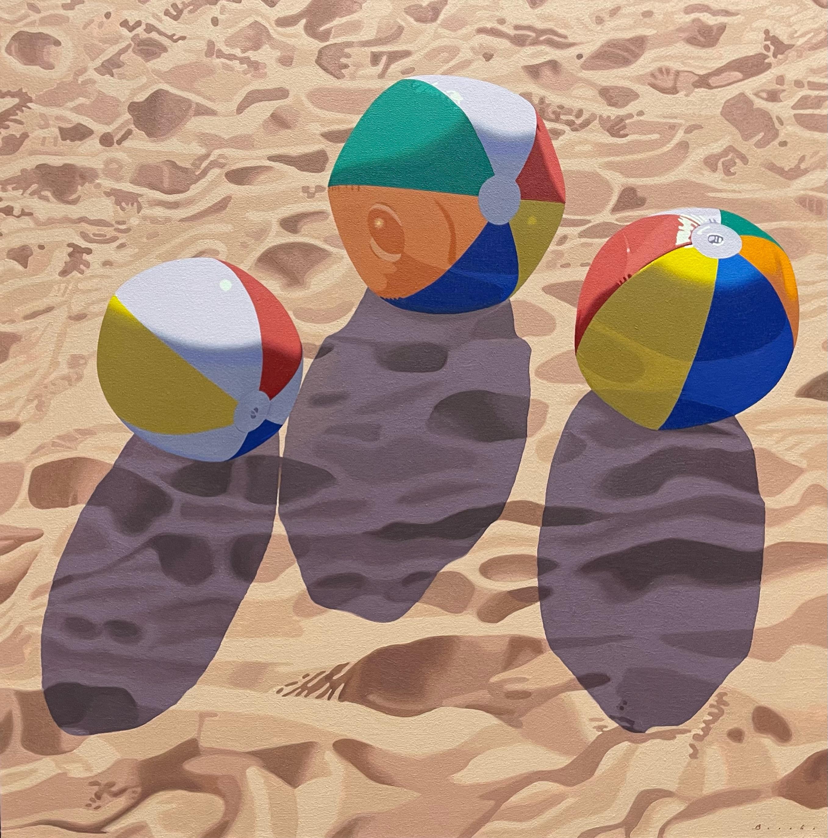 Rob Brooks Figurative Painting - "Beach Balls" photorealist oil painting of colorful beachballs on a sandy beach