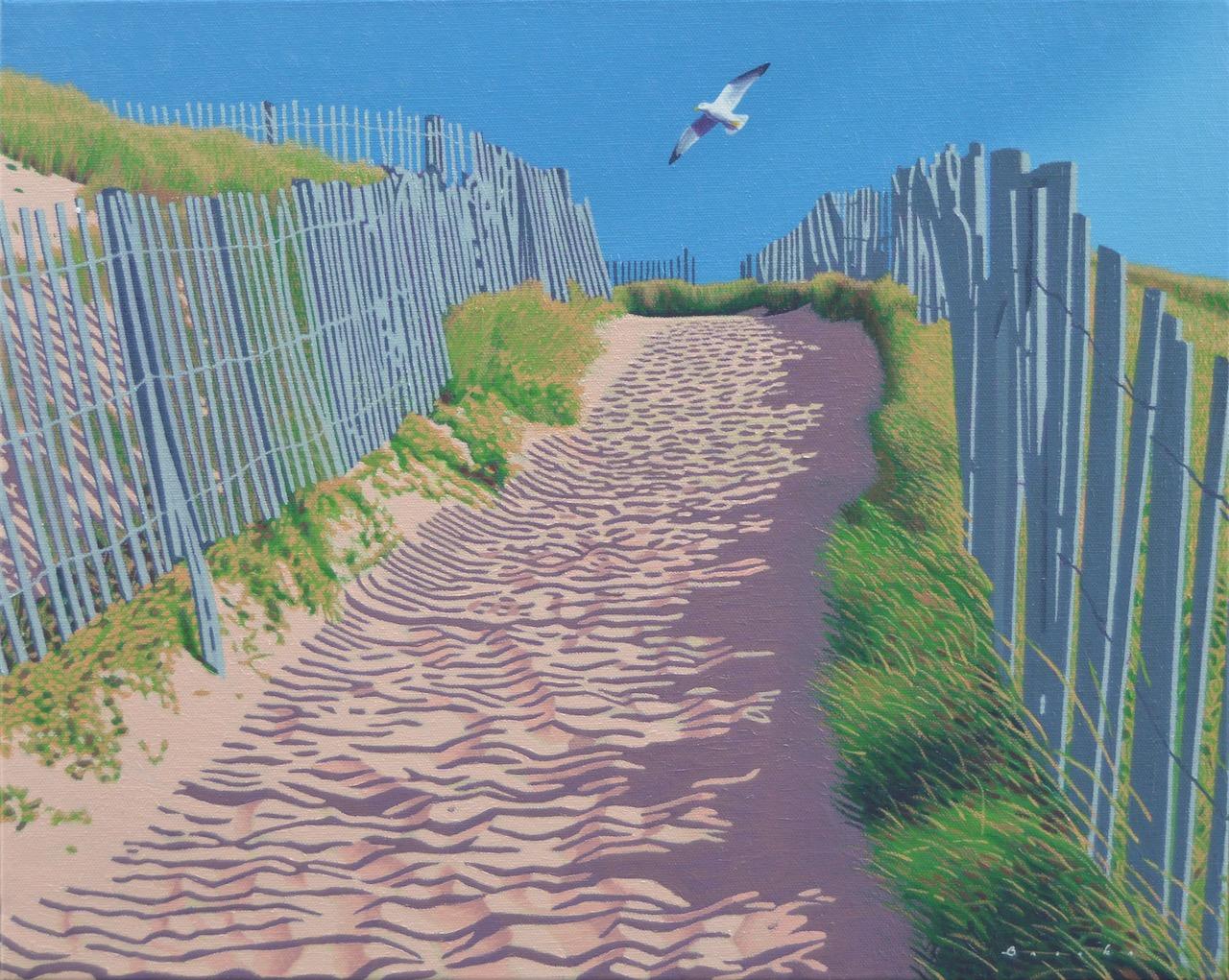 Rob Brooks Landscape Painting - "Beach Path" oil painting of trail leading to the beach with a bird and blue sky
