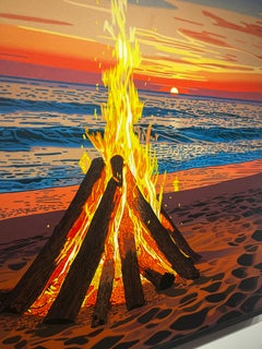 "Bon Fire" atardecer ideal: el sol se pone sobre el océano, una hoguera arde en la orilla