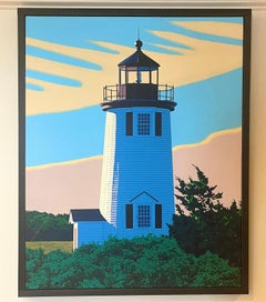 "Cape Pogue Light", quadro raffigurante un faro bianco nella natura con un cielo soleggiato