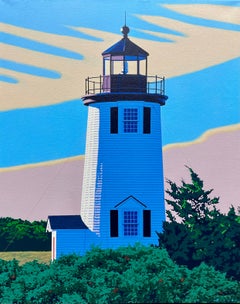 "Cape Pogue Light" pintura de un faro blanco en la naturaleza con cielos soleados
