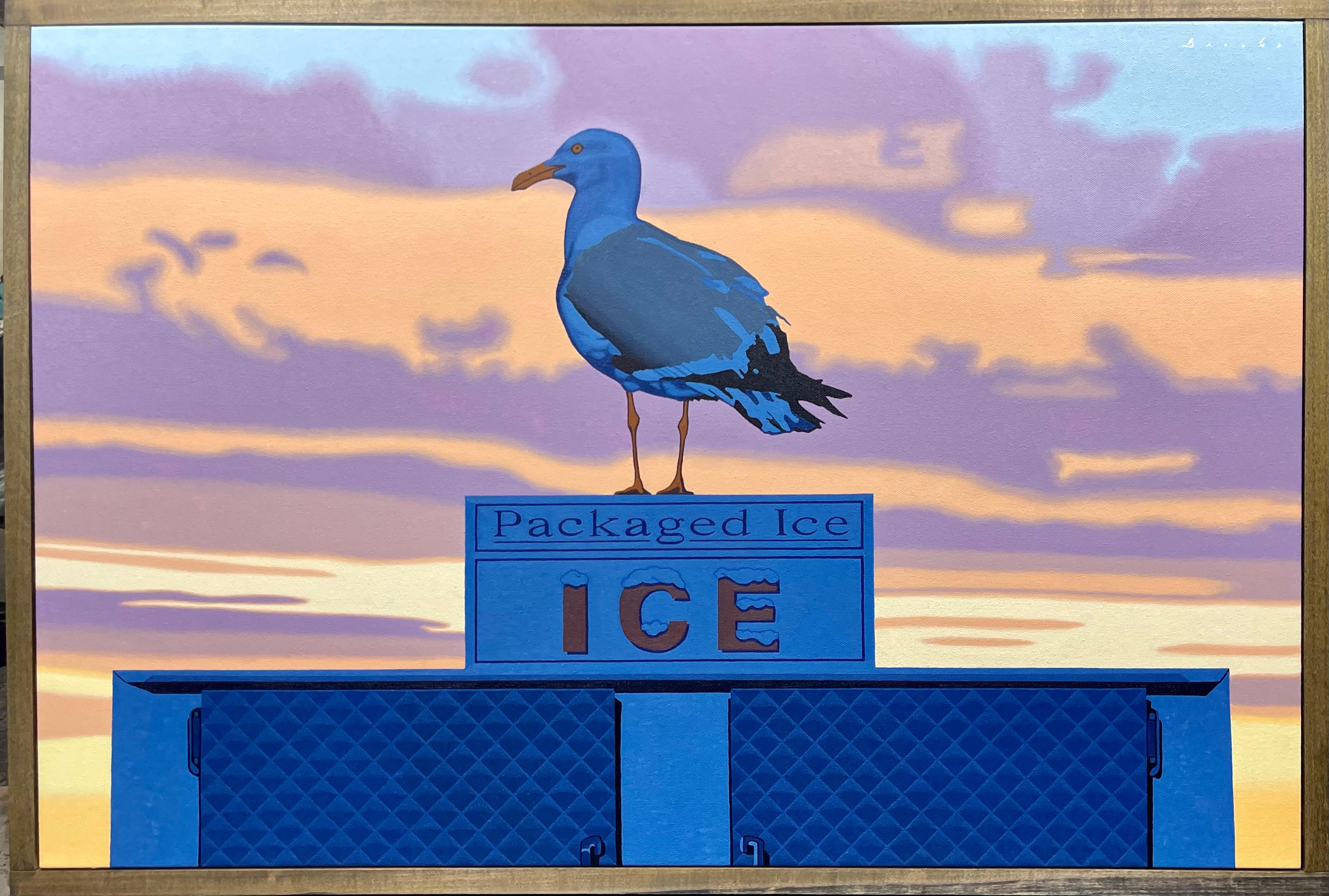 Animal Painting de Rob Brooks - "Escalofrío" gaviota posada sobre una nevera frente a la puesta de sol