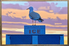 Mouette "Chill" perchée sur une glacière devant un coucher de soleil