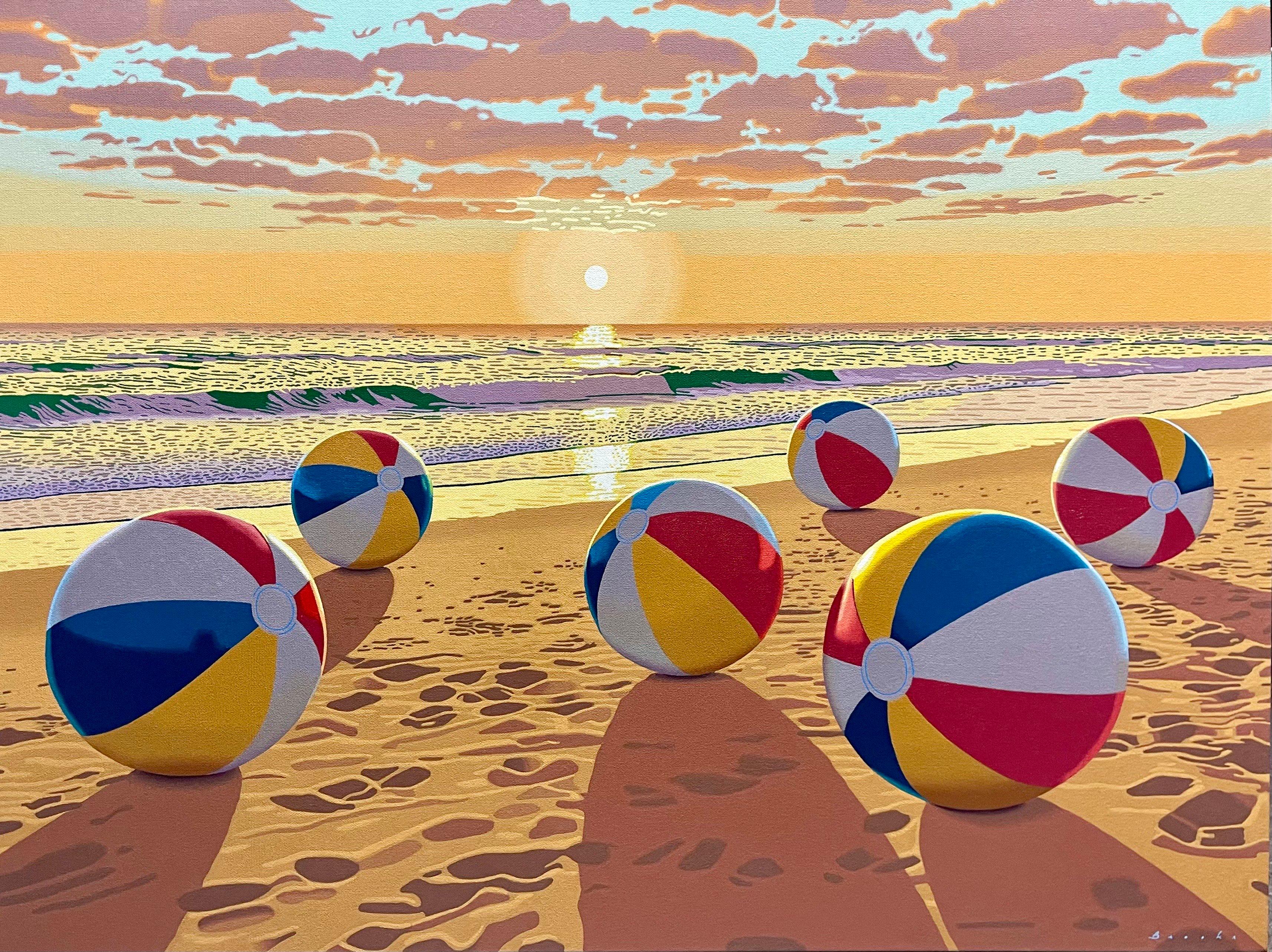 Rob Brooks Figurative Painting - "Congregation" beach balls by the ocean cast shadow onto the sand behind them
