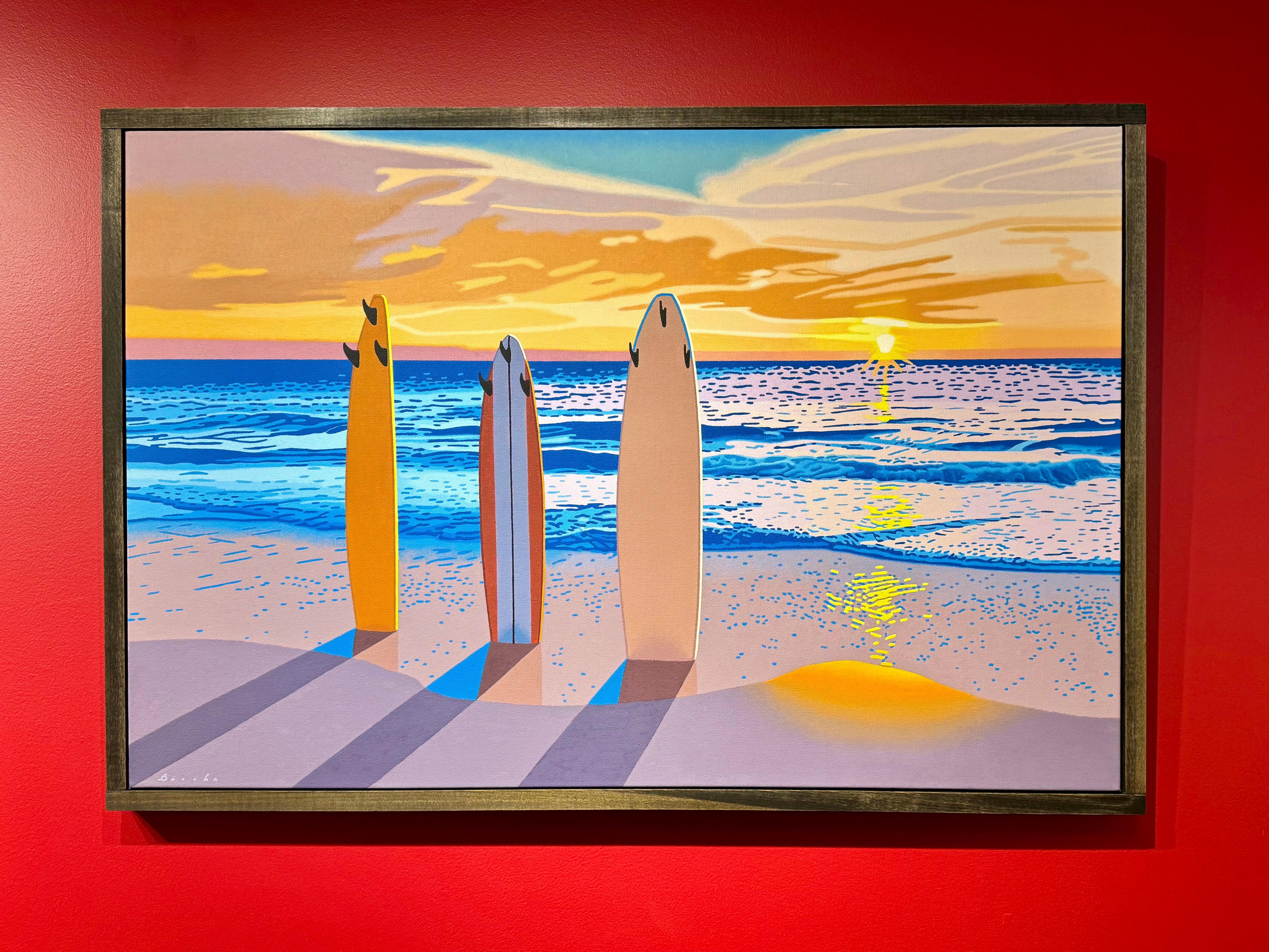 “Dawn Patrol” illustrative oil painting depicting surf boards and horizon - Contemporary Painting by Rob Brooks