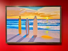“Dawn Patrol” illustrative oil painting depicting surf boards and horizon