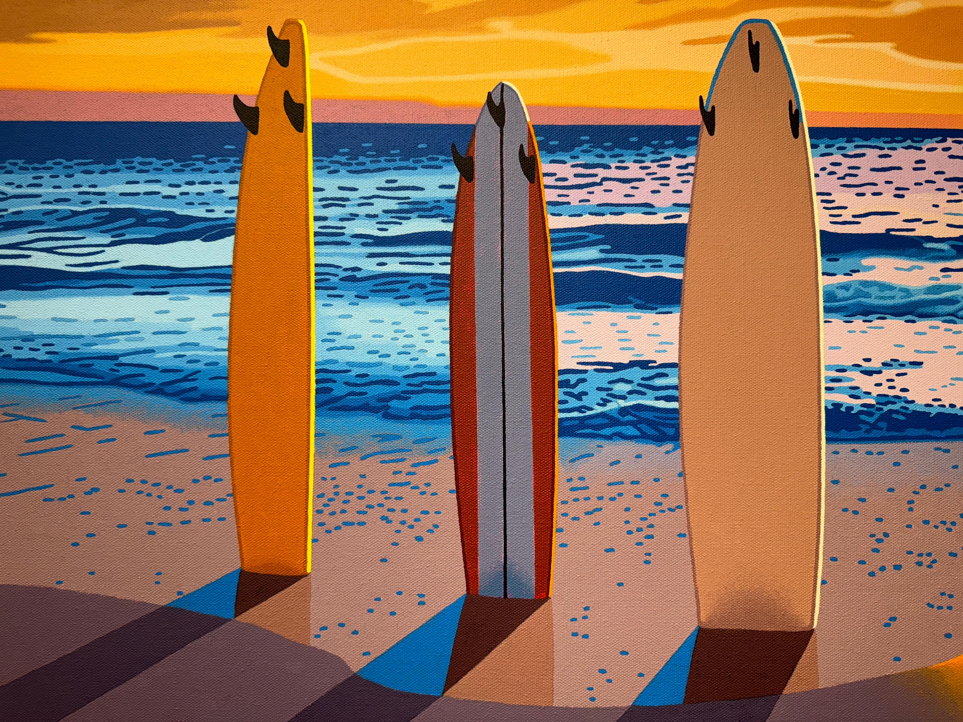 “Dawn Patrol” illustrative oil painting depicting surf boards and horizon For Sale 1