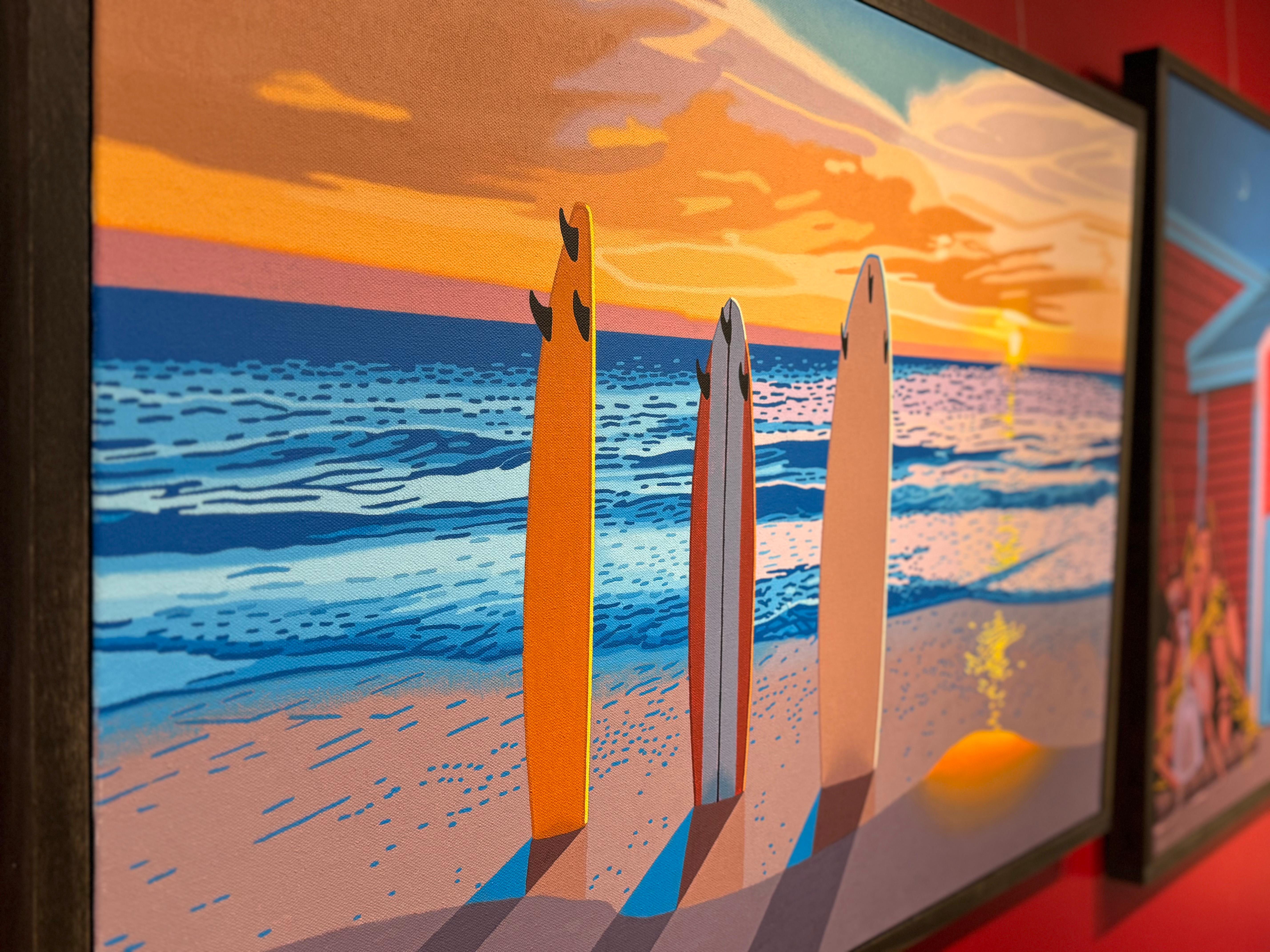 “Dawn Patrol” illustrative oil painting depicting surf boards and horizon For Sale 3