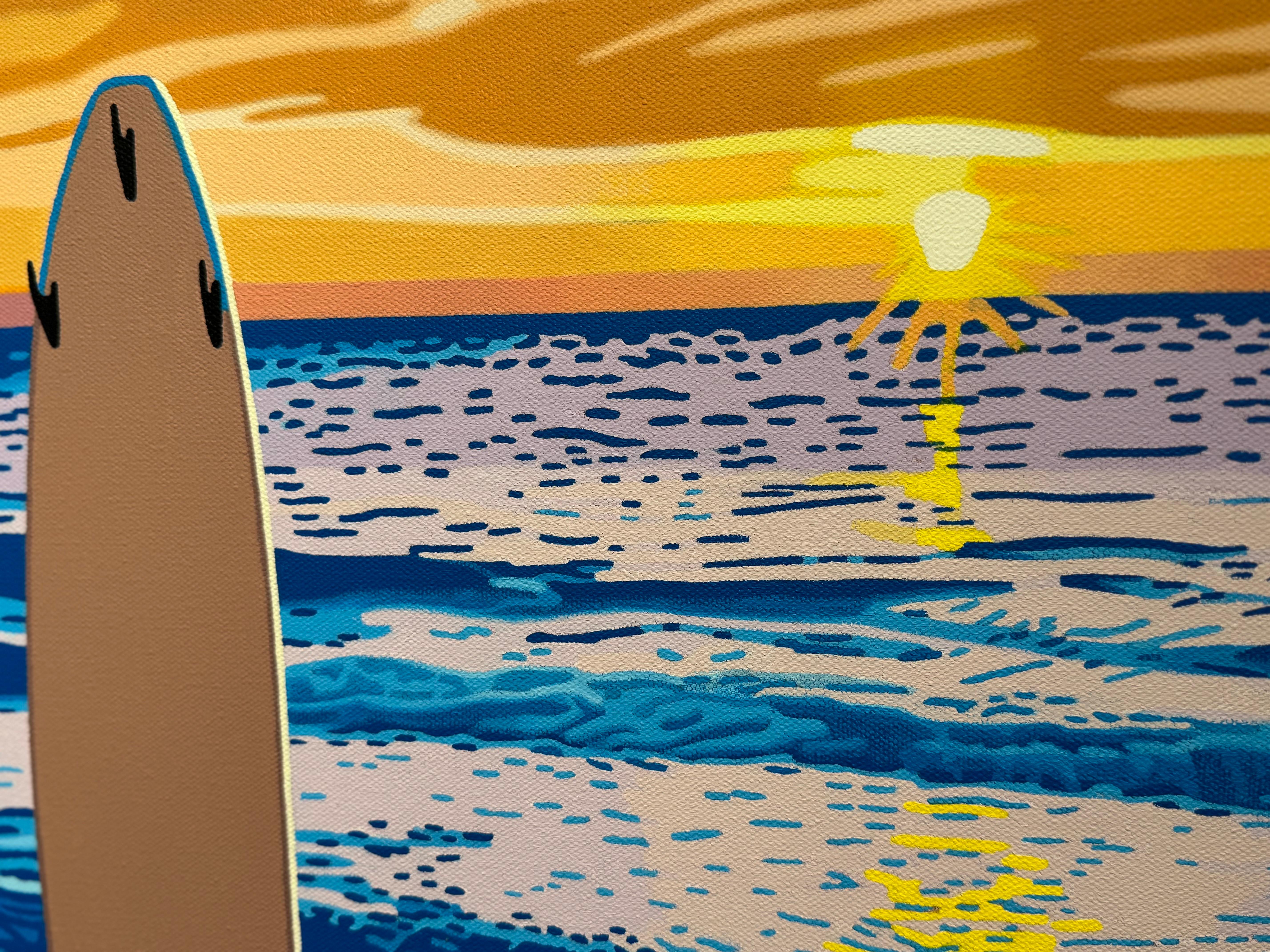 “Dawn Patrol” illustrative oil painting depicting surf boards and horizon For Sale 4