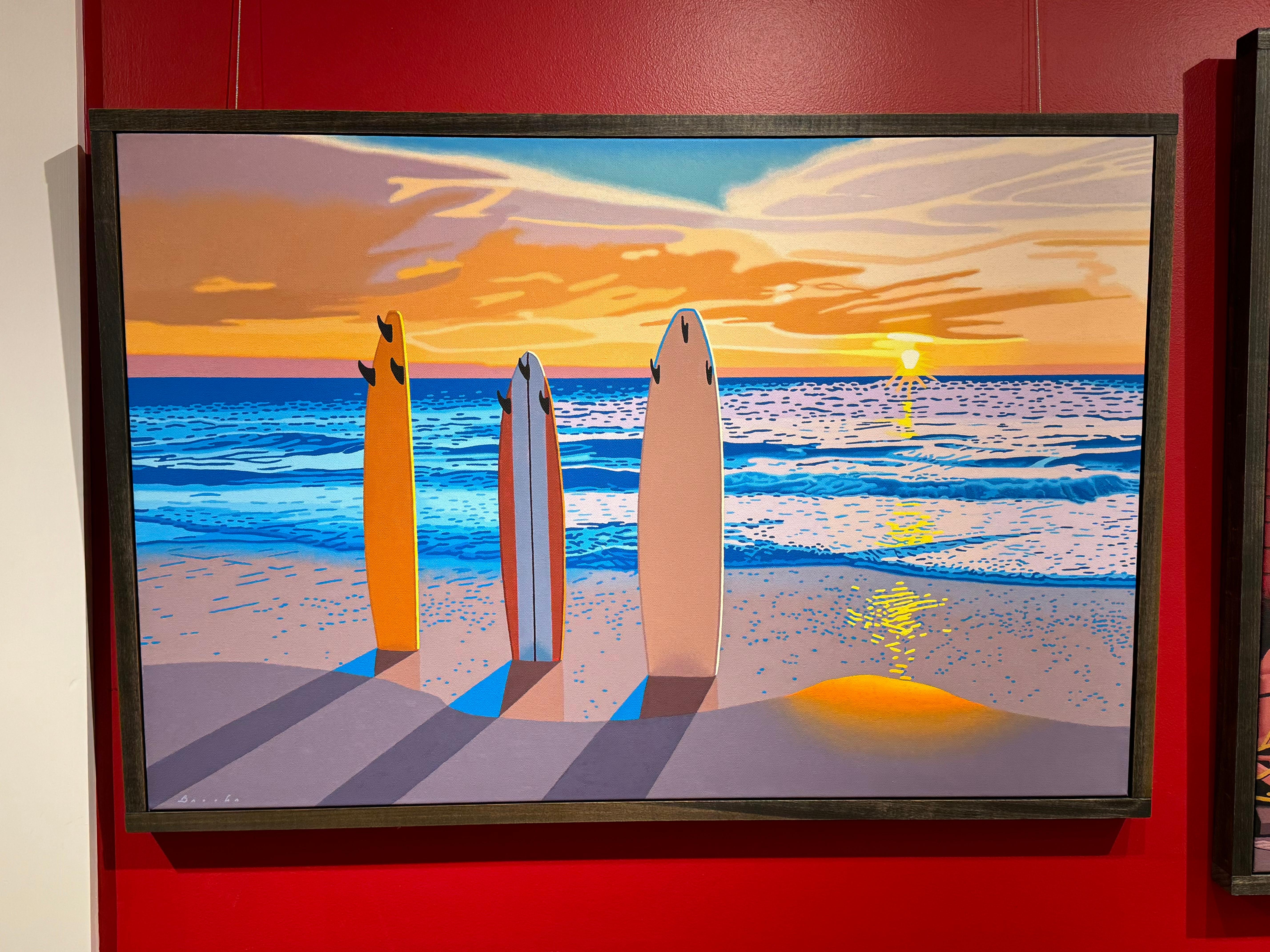 “Dawn Patrol” illustrative oil painting depicting surf boards and horizon For Sale 5