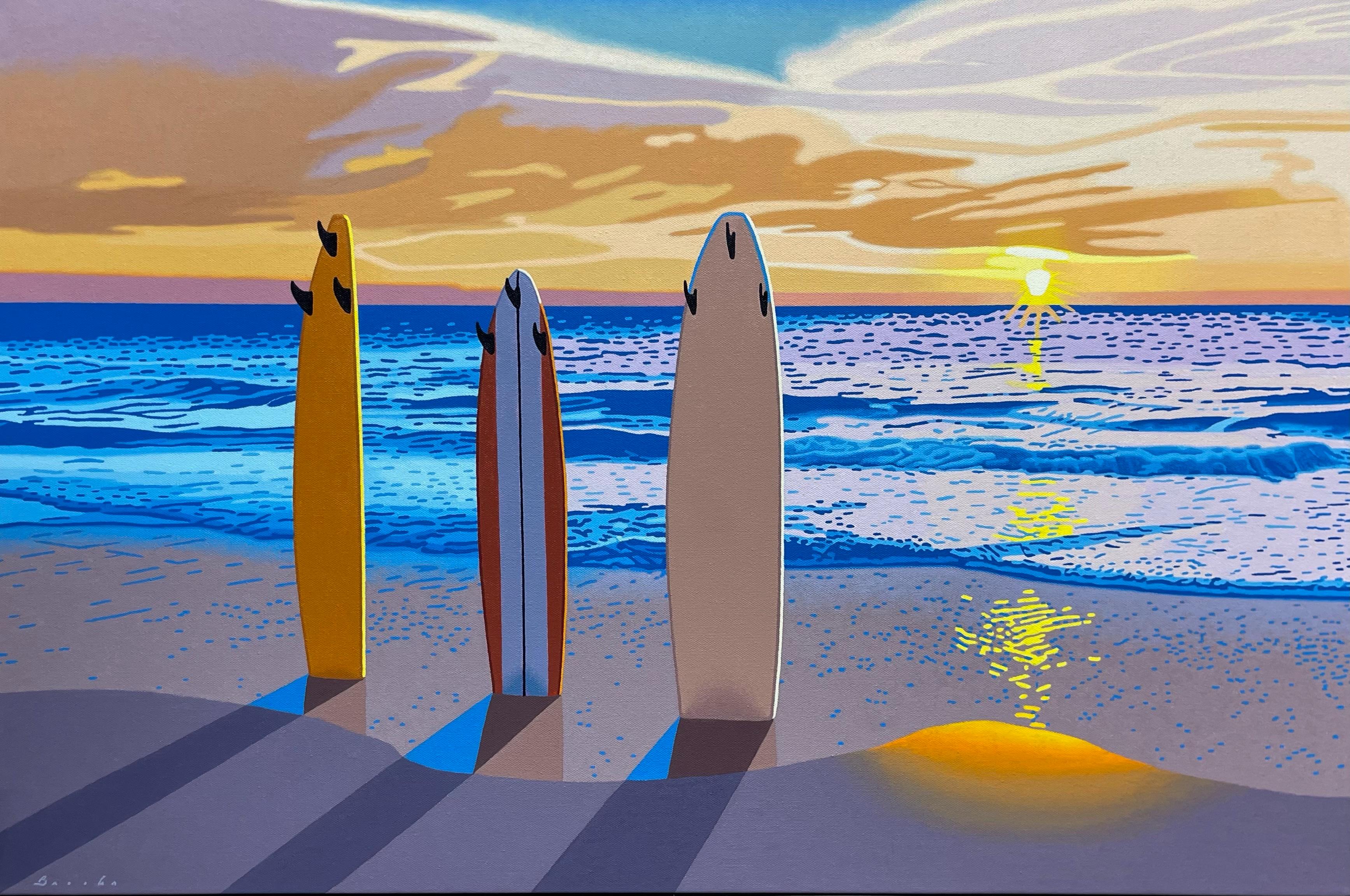 “Dawn Patrol” illustrative oil painting depicting surf boards and horizon - Painting by Rob Brooks