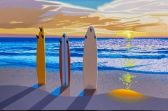 Peinture à l'huile illustrative Dawn Patrol représentant des planches de surf et l'horizon