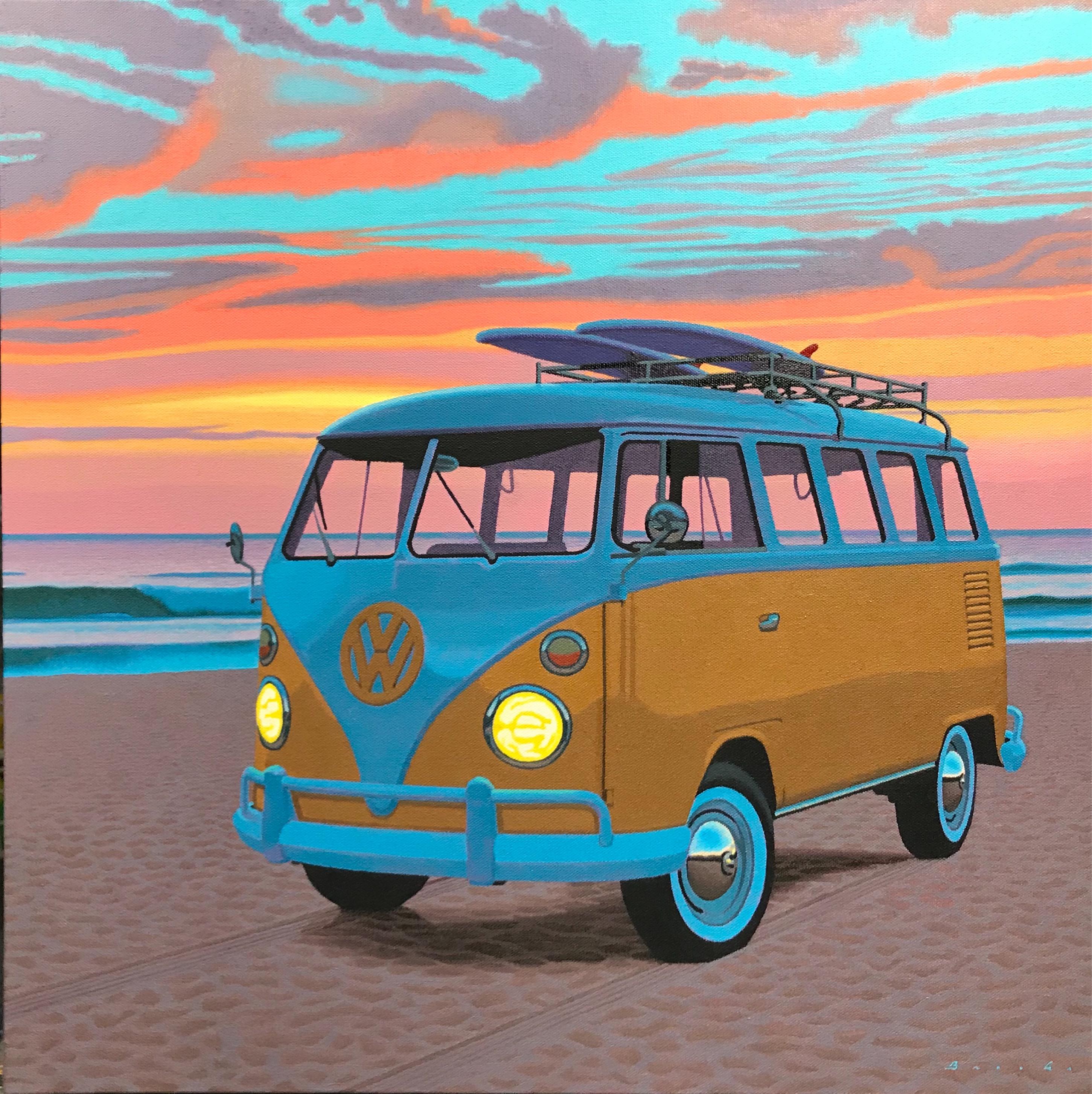 Rob Brooks Still-Life Painting - "Dawn Patrol" photorealist oil painting of a yellow Volkswagen Bus with sunset
