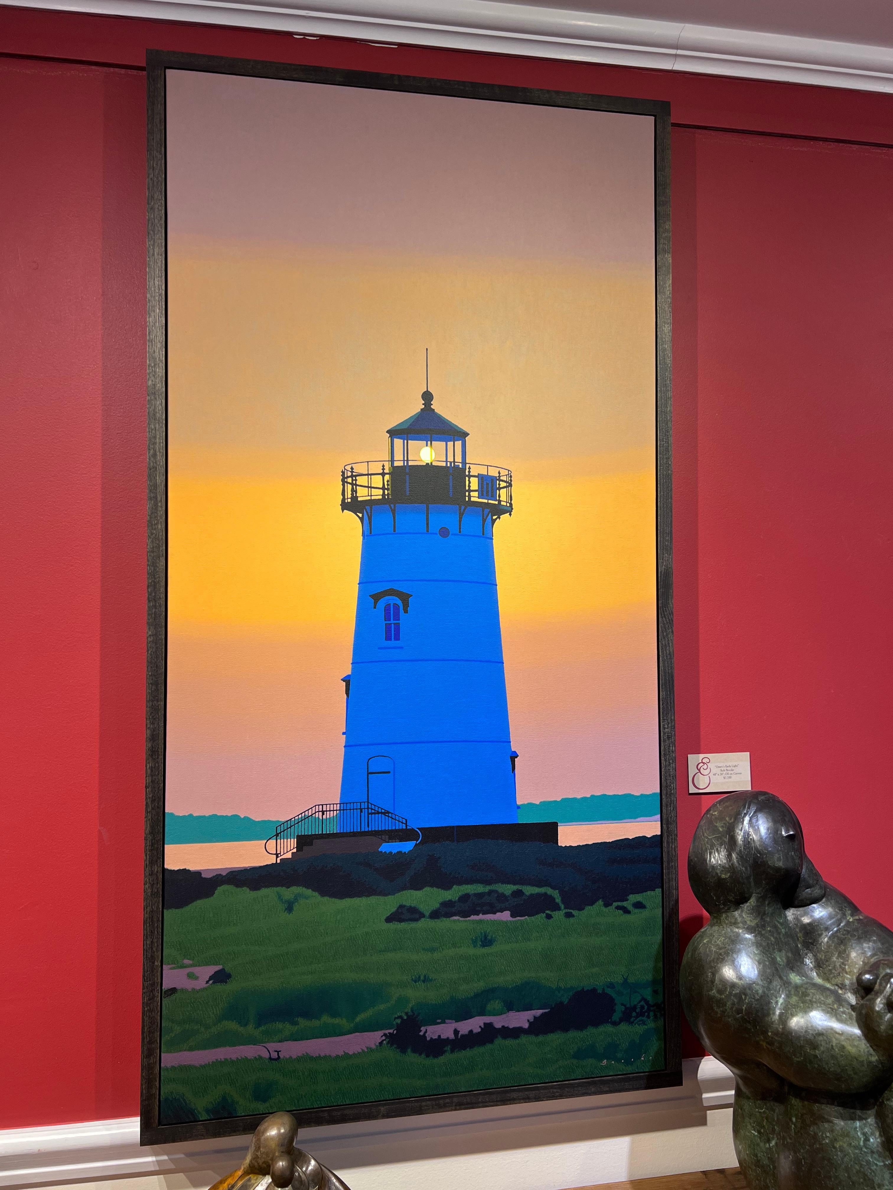 Vertikales Ölgemälde „Dawn's Early Light“ von Edgartown Lighthouse at Sunrise – Painting von Rob Brooks