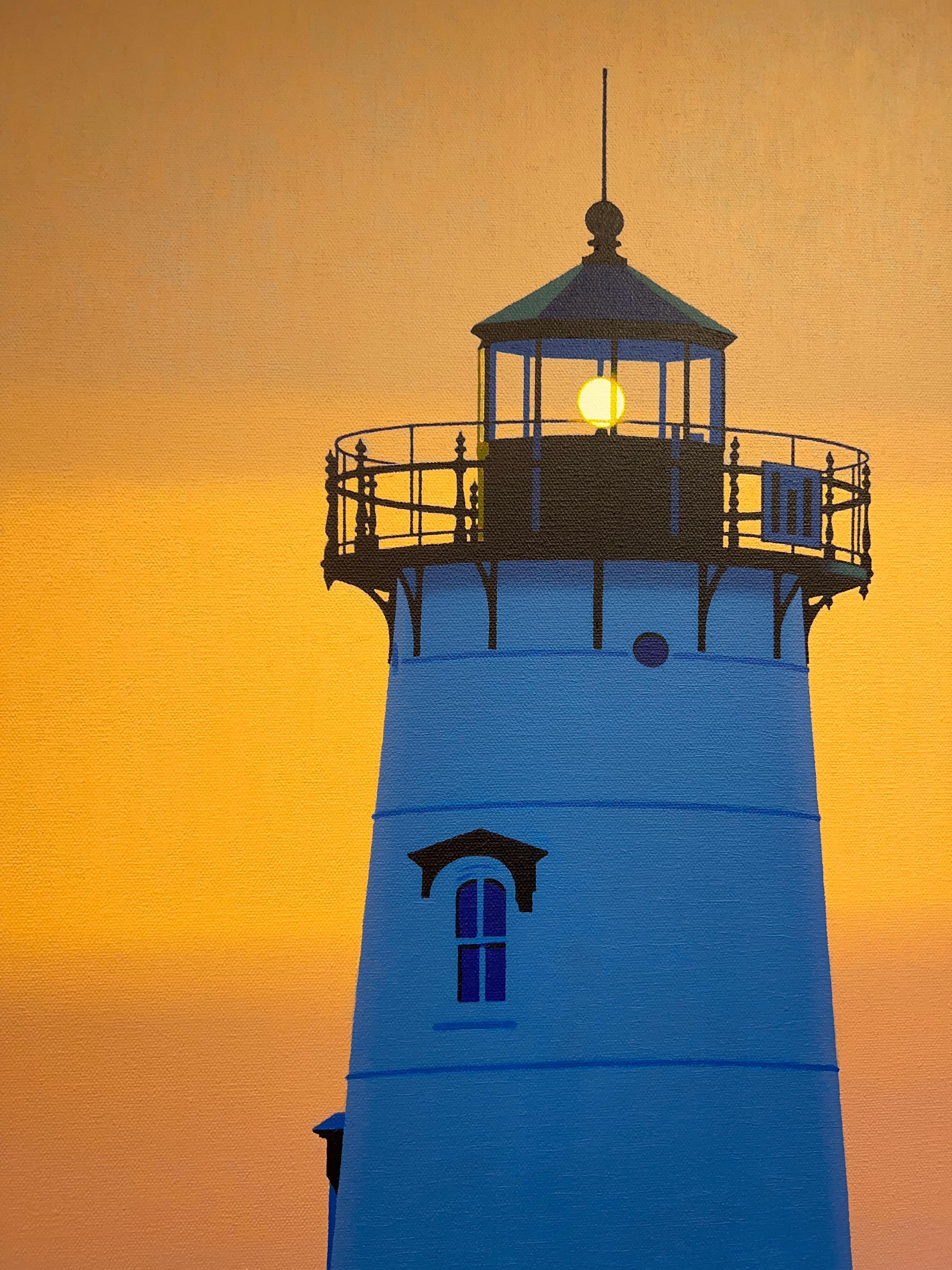 Vertikales Ölgemälde „Dawn's Early Light“ von Edgartown Lighthouse at Sunrise (Beige), Landscape Painting, von Rob Brooks