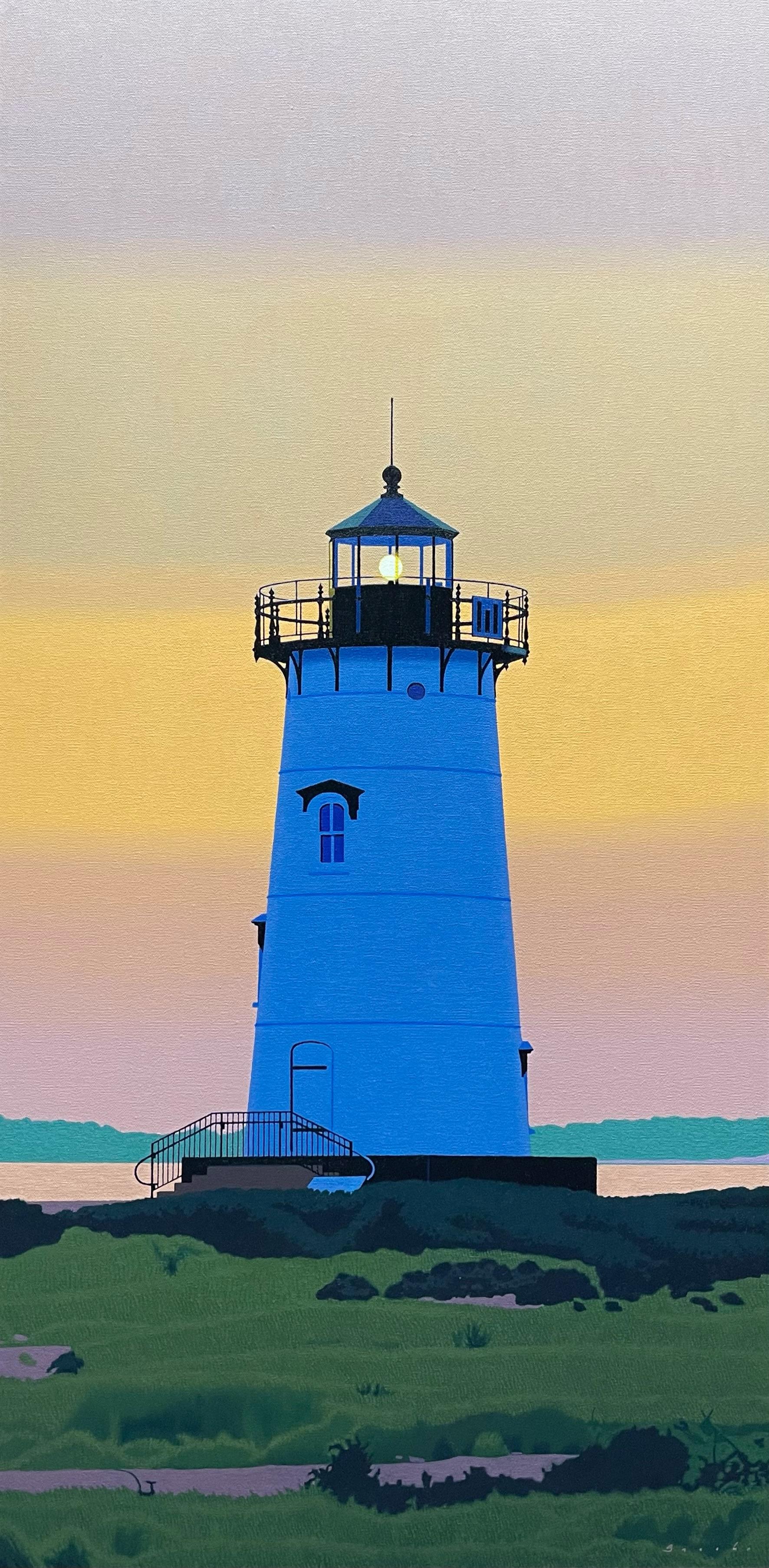 Rob Brooks Landscape Painting – Vertikales Ölgemälde „Dawn's Early Light“ von Edgartown Lighthouse at Sunrise