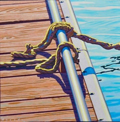 "Dock Knots" still life oil painting of rope on a brown wood dock and blue water