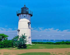 "East Chop" photorealist oil painting of a white lighthouse with blue sky, boats