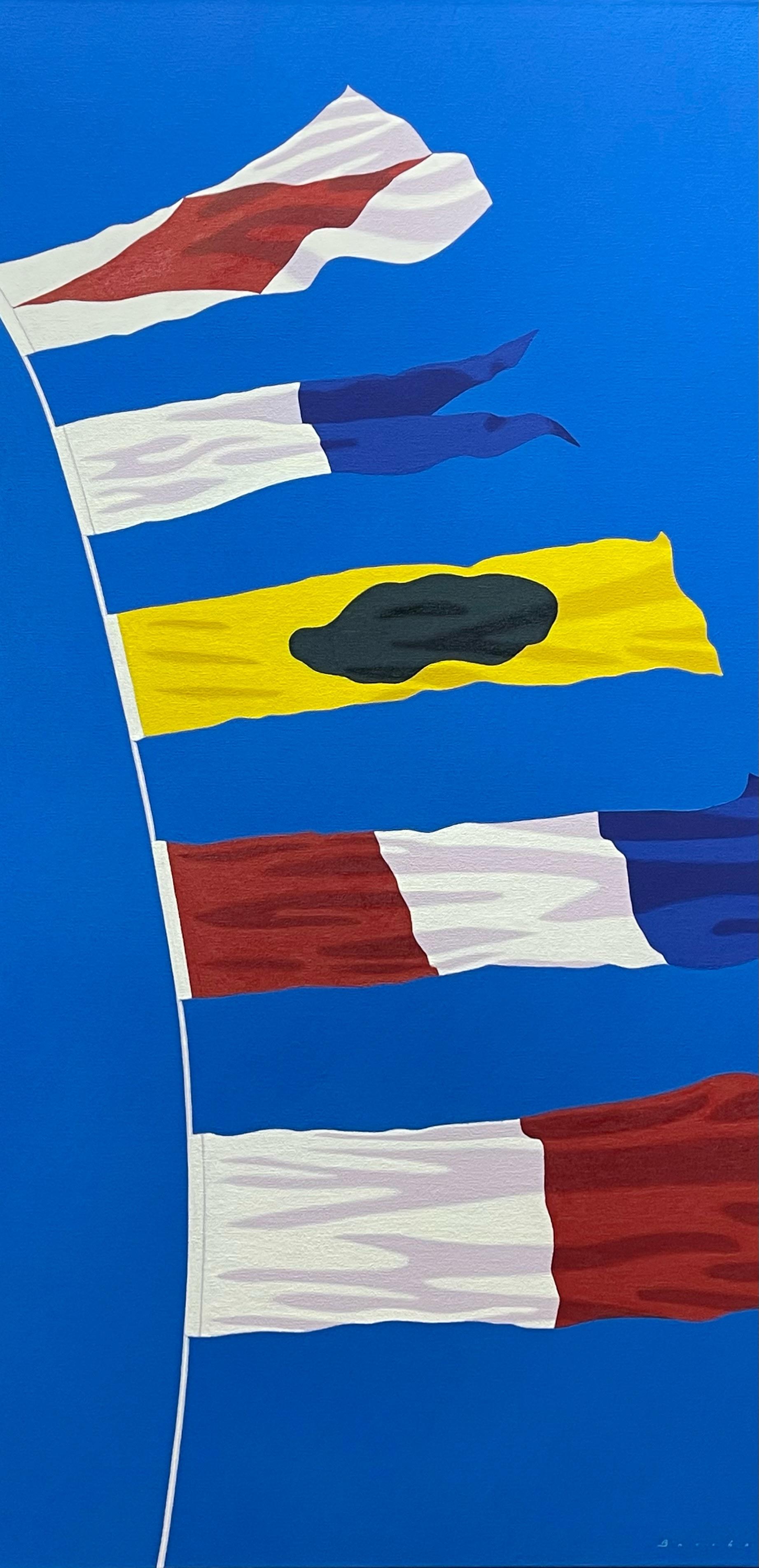 Rob Brooks Figurative Painting - "FAITH" Vertical oil painting of 5 nautical Flags against a cobalt blue sky.