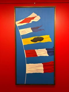 "FAITH" Quadro a olio verticale con 5 bandiere nautiche su un cielo blu cobalto.