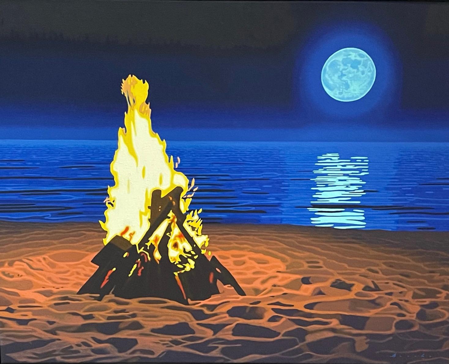 Rob Brooks Landscape Painting - "Flamma Luna II" oil on canvas painting of a beach bonfire at night