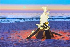 "Flamma Luna" oil painting of a bonfire on the beach with setting sun behind