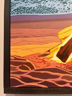 "Flamma Solaire" brilliant beach fire in front of sunset, oil on canvas, framed