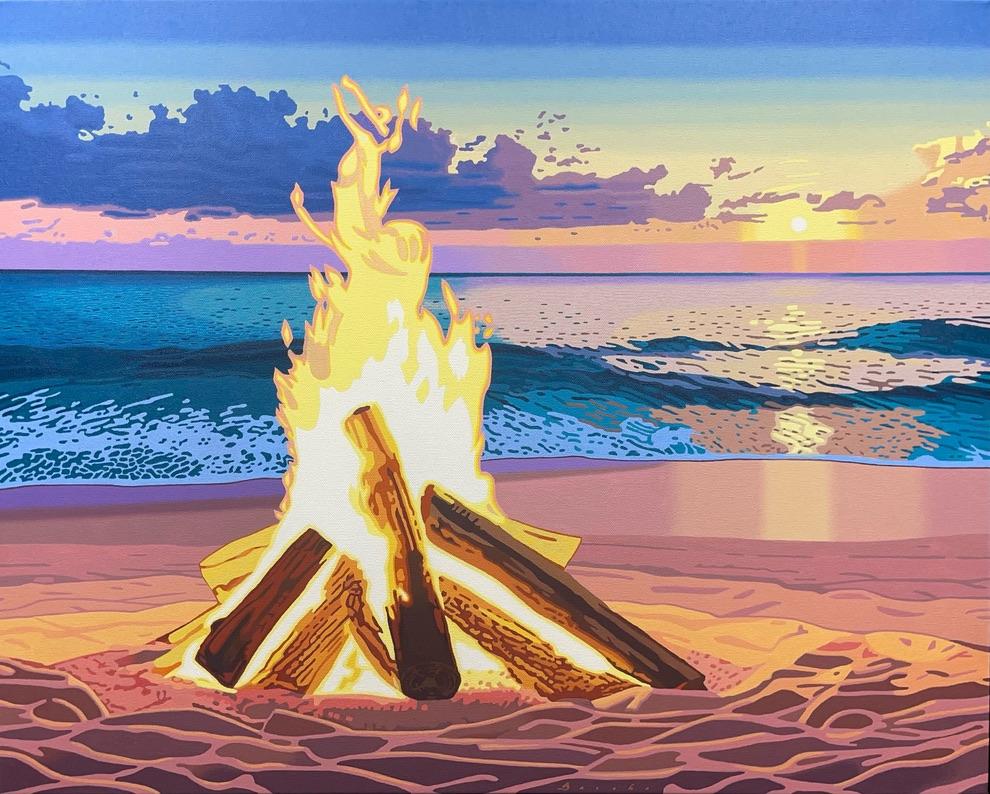 Landscape Painting de Rob Brooks - "Flamma Solaire" brillante hoguera de playa frente a la puesta de sol, óleo sobre lienzo, enmarcado