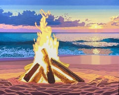 "Flamma Solaire" brilliant beach fire in front of sunset, oil on canvas, framed