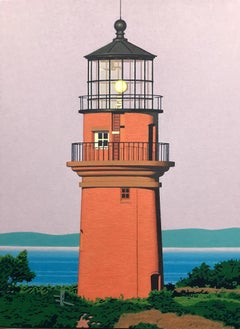 "Gay Head Light" Photorealist oil painting of a brick lighthouse in Aquinnah