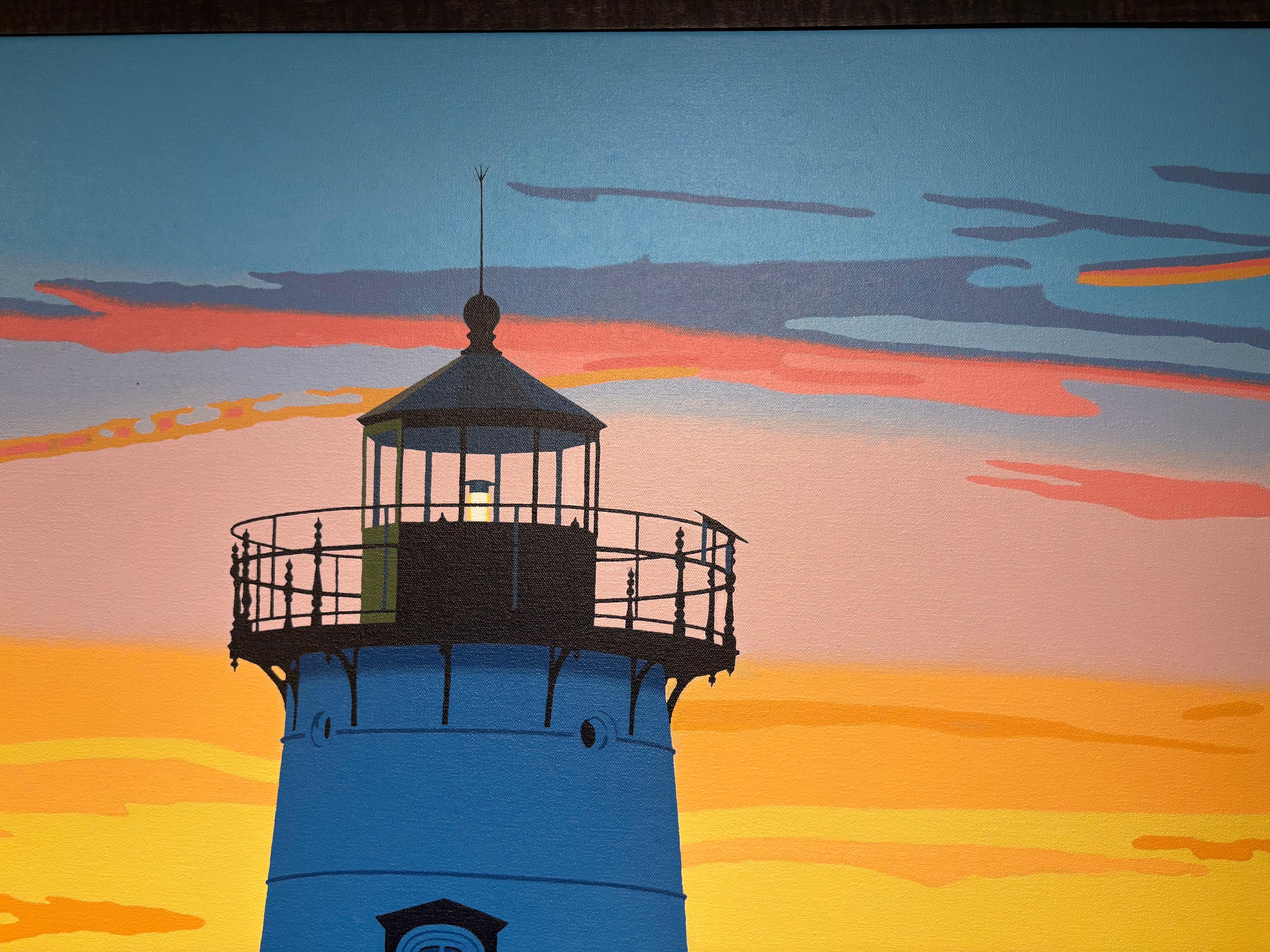 Leuchtturm und Stationwaggon „Here Comes the Sun“ am Strand am Meer (Beige), Figurative Painting, von Rob Brooks