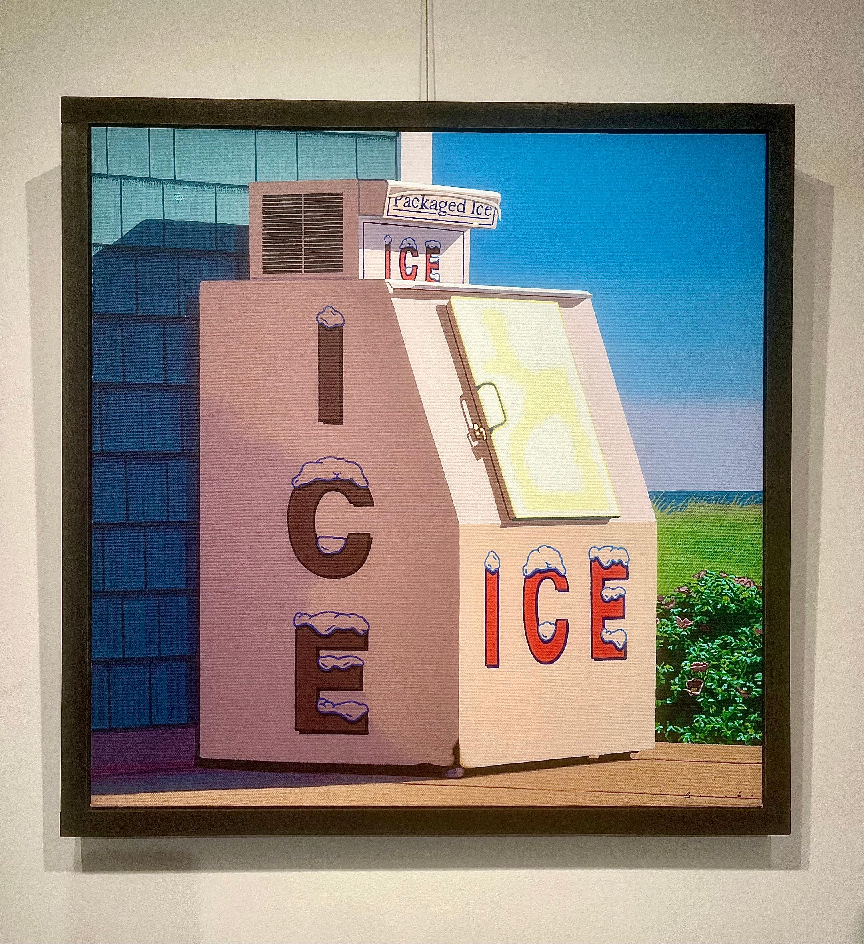 Fotorealistisches Ölgemälde „Eis und Teppichosa“ mit weißer Eismaschine und blauem Himmel – Painting von Rob Brooks