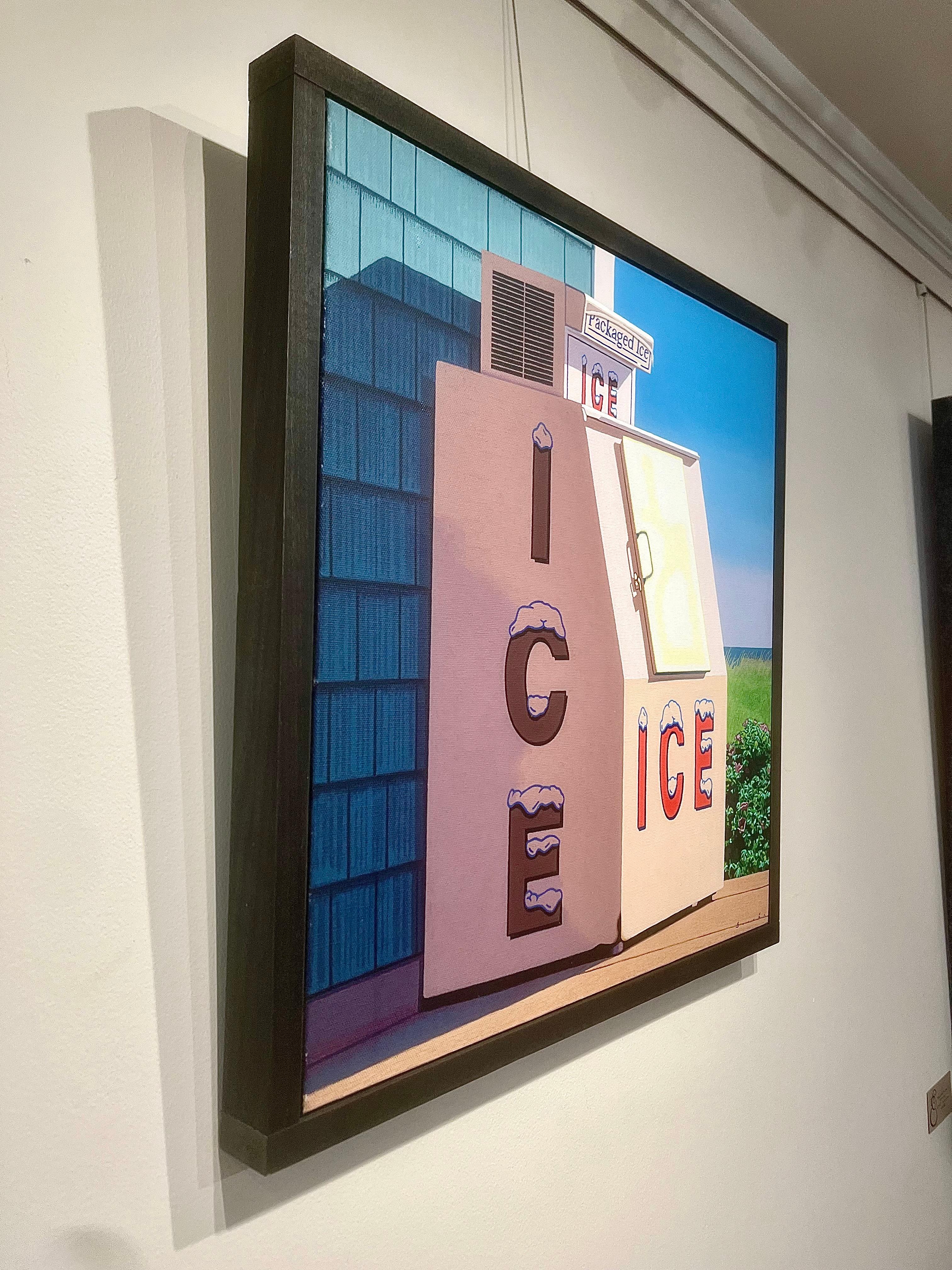 Fotorealistisches Ölgemälde „Eis und Teppichosa“ mit weißer Eismaschine und blauem Himmel (Fotorealismus), Painting, von Rob Brooks
