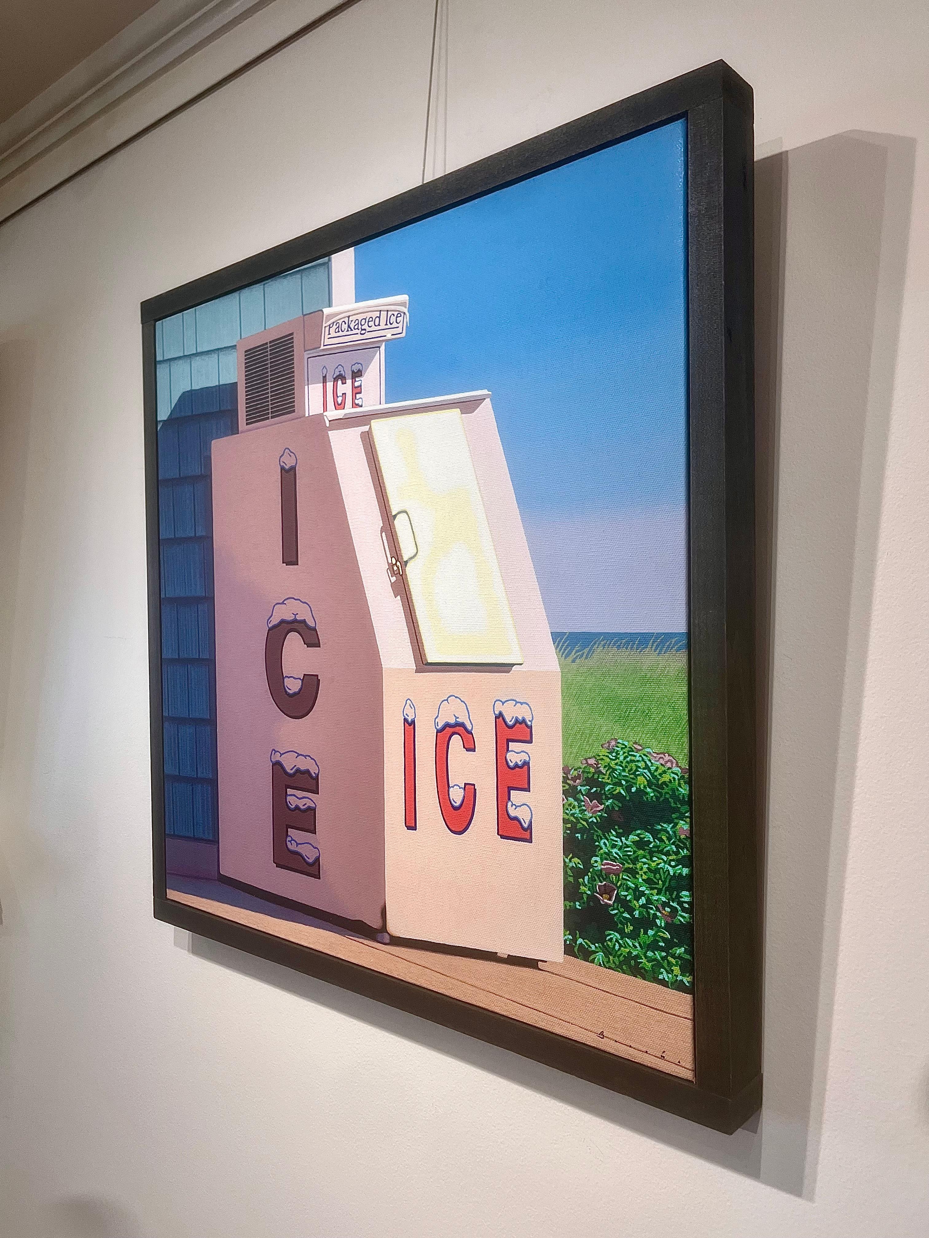 Fotorealistisches Ölgemälde „Eis und Teppichosa“ mit weißer Eismaschine und blauem Himmel (Grau), Still-Life Painting, von Rob Brooks